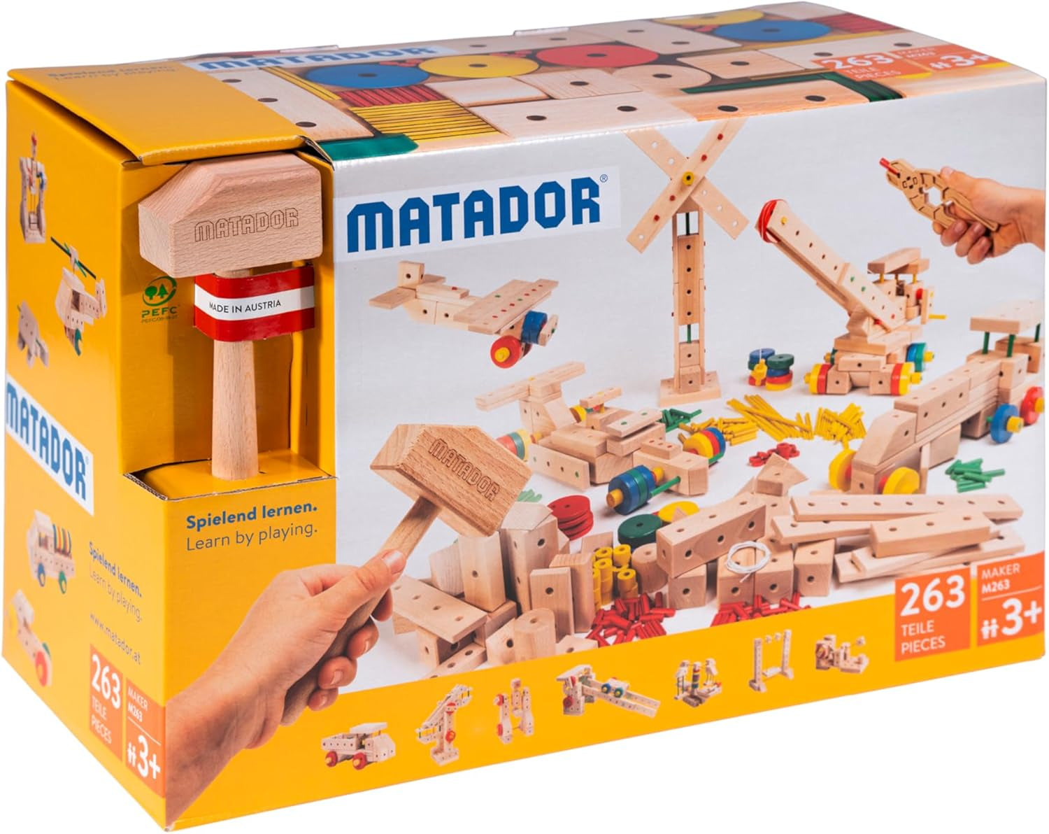 Matador Kinder Baukasten ab 3 Jahren 34-tlg. - Spannendes Holz Konstruktionsspielzeug zur Schulung von Kreativität und Feinmotorik, Bauspielzeug mit Stäbchen, Klötzen, Hammer & Zange
