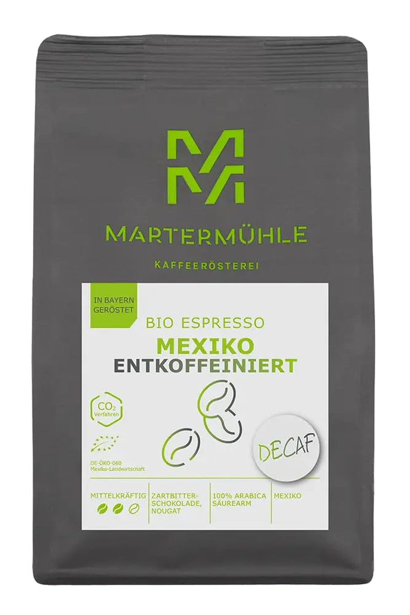 Martermühle Mexiko Bio Espressobohnen entkoffeiniert 1kg mittelkräftig I Arabica I Saveur : Nougat, Zartbitterschokolade I Ganze Bio Espresso-Bohnen schonend geröstet, säurearm