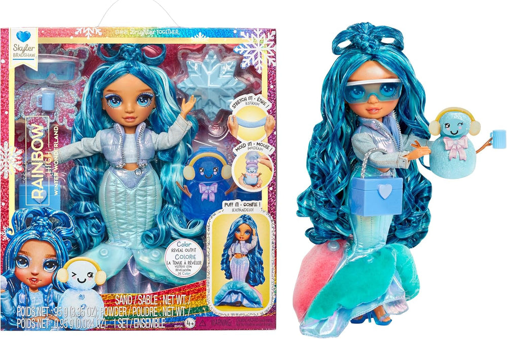 Rainbow High Winter Wonderland - Skyler (Blau) - 28 cm Modepuppe, mit Verstecktem Magischem Schnee, der Sich mit Wasser Aufbauscht, mit Schneemann-Set, Geeignet für Kinder von 4-12 Jahre und Sammler