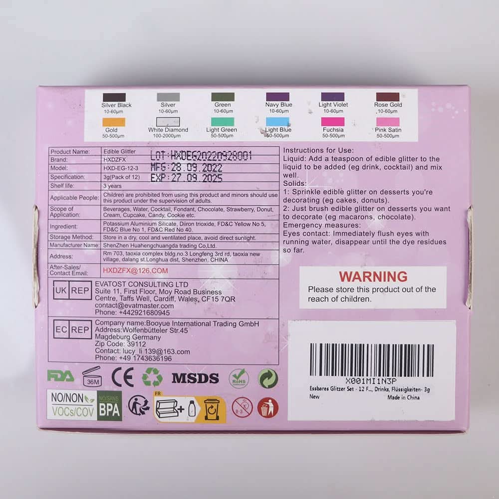 Set de paillettes comestibles, poudre, 3 grammes par couleur Naty Shop