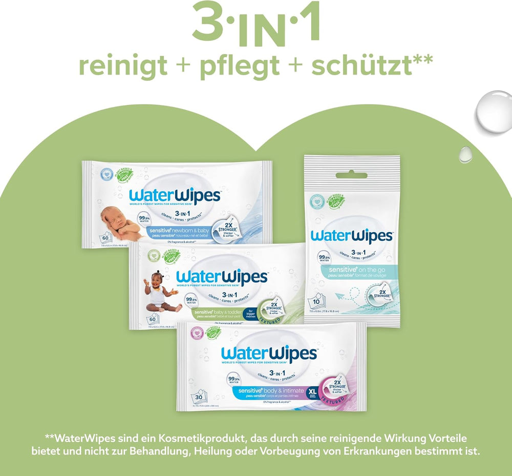 WaterWipes Sensitive+ Lingettes humides pour bébés et tout-petits, 720 unités (paquet de 12), nettoyage 3 en 1, entretien, protection, 99,9 % d'eau, nettoyage texturé, sans parfum