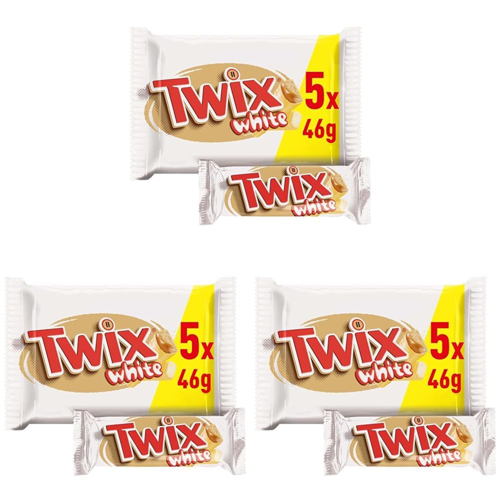 Barres de chocolat blanc Twix ; caramel, biscuits, chocolat blanc ; plusieurs paquets de chocolats ; 5 barres (5 x 46 g)