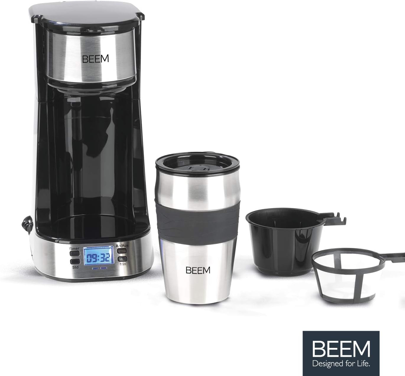 Machine à expresso monofiltre BEEM THERMO 2 GO avec tasse thermique de 0,4 l | Filtre permanent | Avec minuterie de 24 heures pour une tasse de café chaud le matin, pas d'attente | 750 W