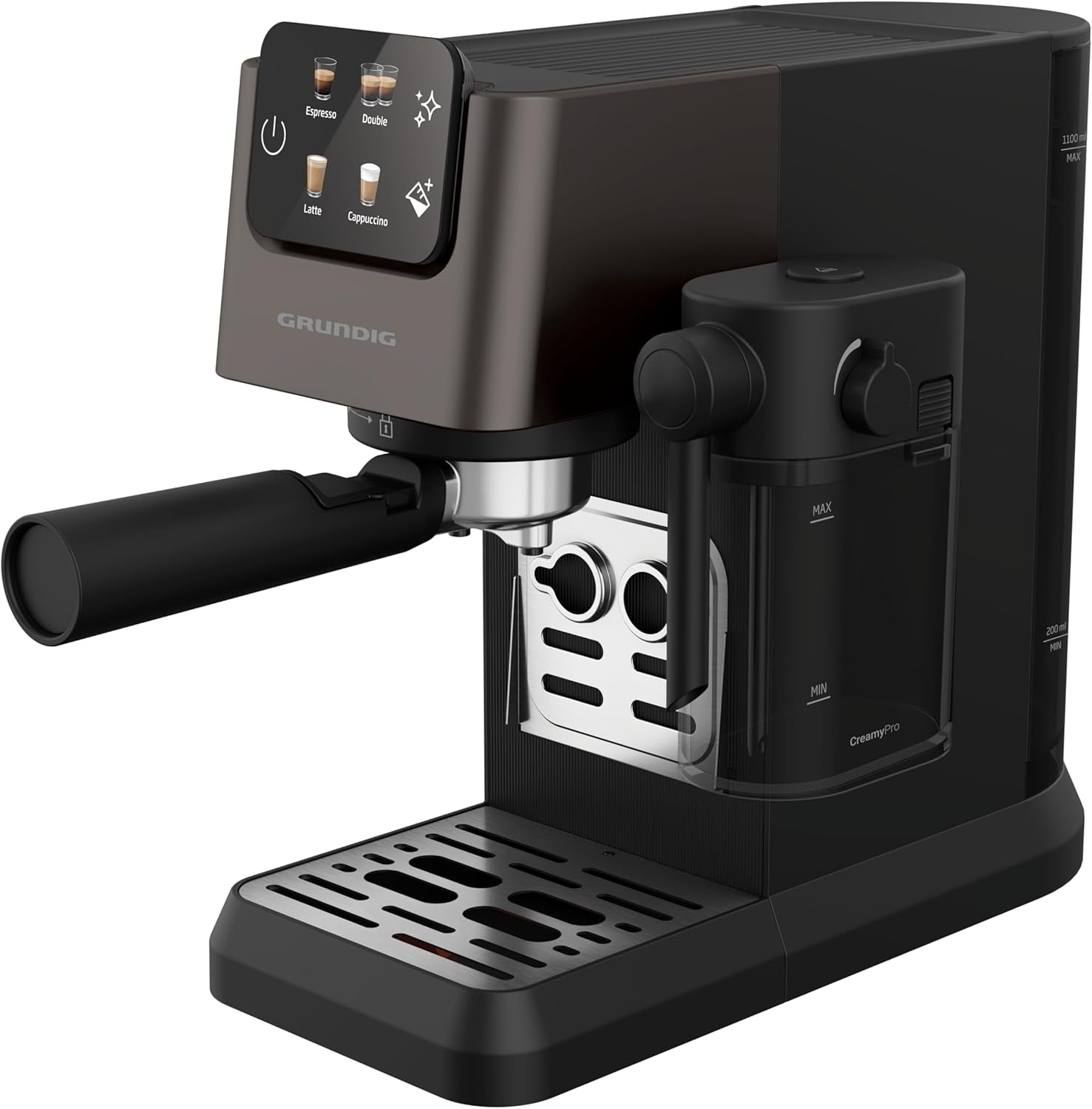 Espressor portafilter GRUNDIG KSM 5330 cu recipient de lapte integrat, putere 1628 W, presiune pompă 15 bar, duză dublă, afișaj tactil color, BrewSense, CreamyPro, Inox închis/Negru