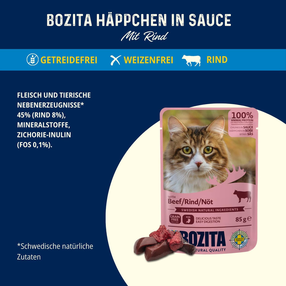 Bozita Pouch Morceaux de nourriture humide en sauce au bœuf - 12 sachets x 85g Nourriture humide pour chat sans céréales ni blé - Nourriture humide pour chat adulte avec 8,5% de protéines et 4,5% de matières grasses