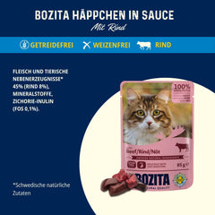 Bozita Pouch Morceaux de nourriture humide en sauce au bœuf - 12 sachets x 85g Nourriture humide pour chat sans céréales ni blé - Nourriture humide pour chat adulte avec 8,5% de protéines et 4,5% de matières grasses