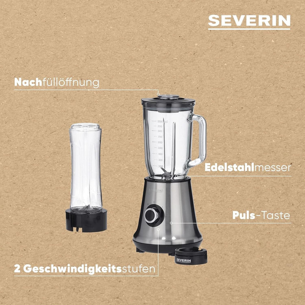 SEVERIN Multimixer, batteur sur socle 2 en 1 et machine à smoothie avec 1 L de récipients en verre et de boissons, mixeur de cuisine avec 2 lampes et fonction impulsion, 500 W, Edelstahl/Schwarz, SM 3737 Mother and Child Naty Shop