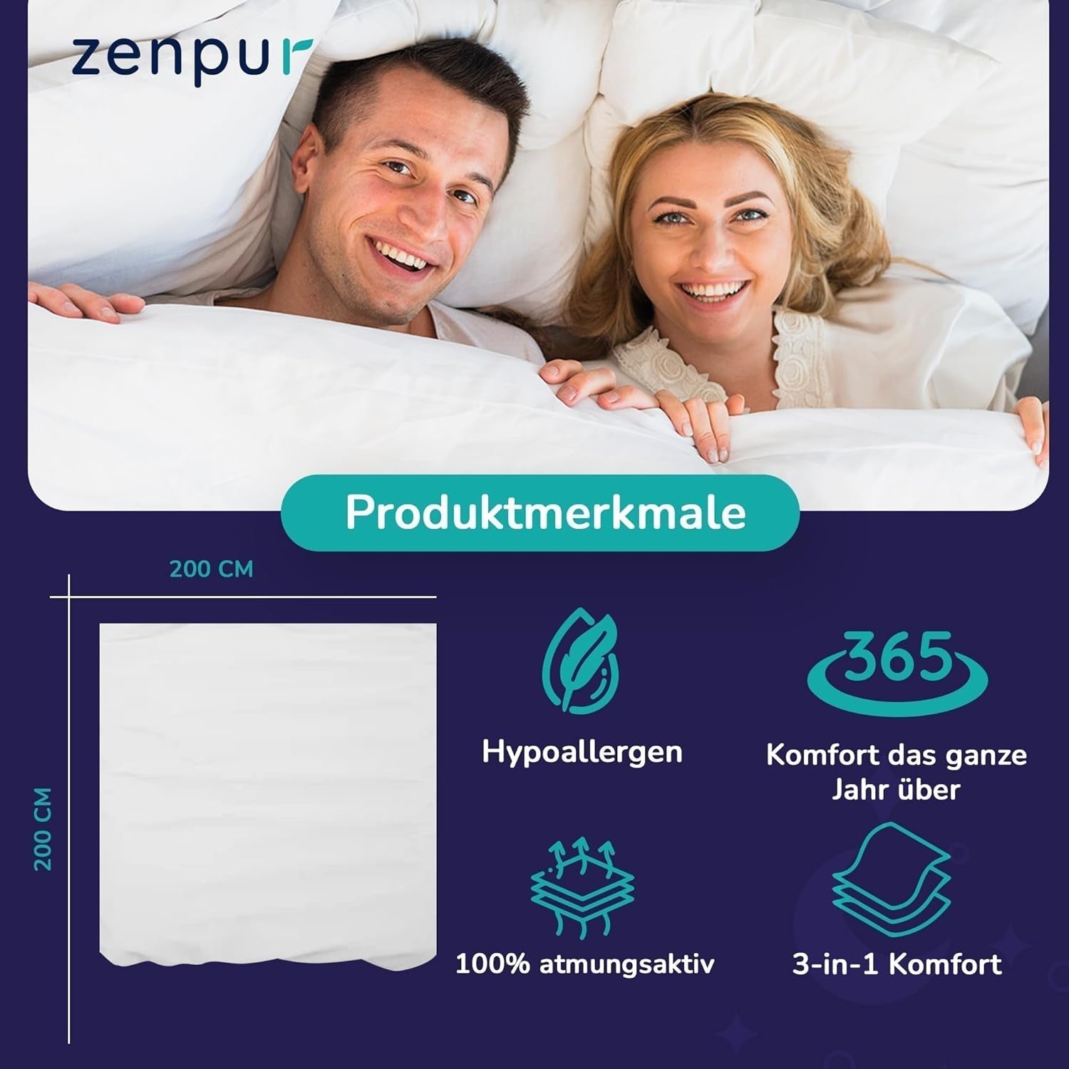 Couette premium 200X200Cm 4 saisons, couette toutes saisons 200X200 - chaude en hiver et fraîche en été, 2 housses de couette combinables 200X200 Couettes et couettes Naty Shop