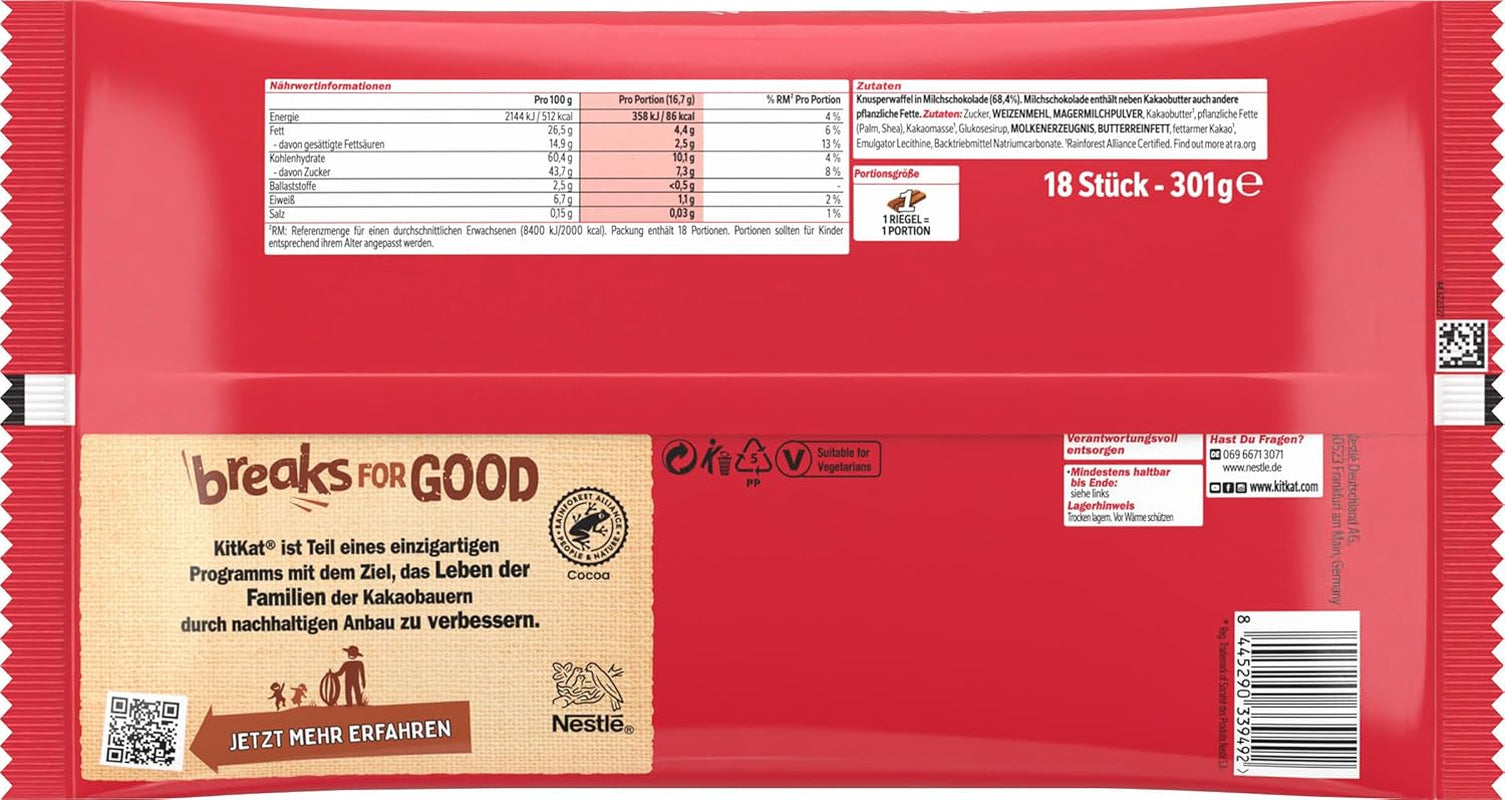 Nestlé Mini XXL Barres de chocolat Barres de gaufrettes croustillantes au chocolat au lait Paquet de 4 (1 x 301 g)