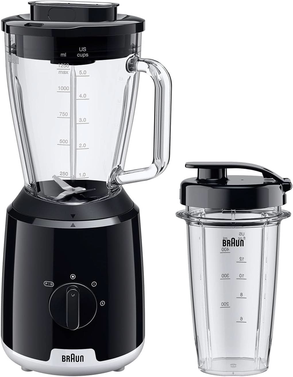 Braun Powerblend 1 JB1050WH - Batteur sur socle avec 1,5 L Glas-Mixaufsatz, Küchenhelfer Zum Zerkleinern, Pürieren & Mixen, Ice-Crush-Funktion, 2 Geschwindigkeiten, 600 Watt, Weiß Bucatarie Naty Shop Schwarz Glas-Mixaufsatz