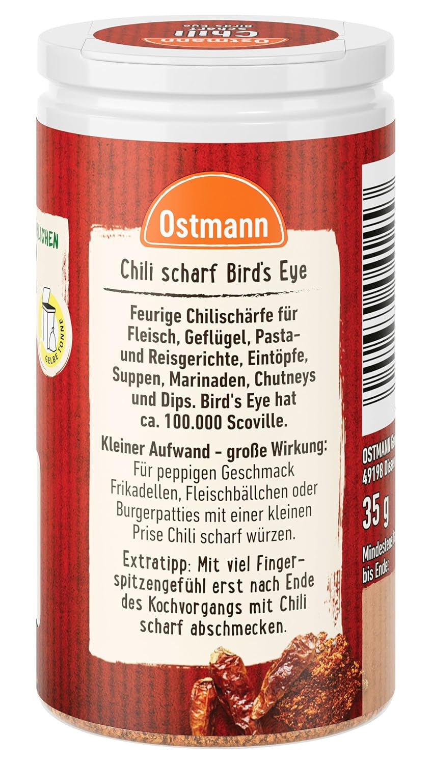 Ostmann Gewürze - Chili scharf Bird's Eye | Féurige Scharfe für Fleischgerichte und Eintöpfe | 35 g dans Der Streudose