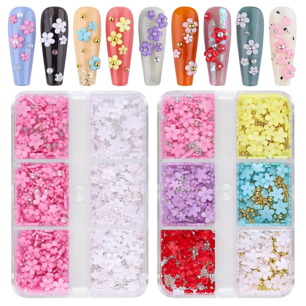 Kalolary Breloques pour nail art en forme de fleurs en acrylique 3D pour ongles, cinq pétales, ornements floraux, pierres précieuses, strass, perles métalliques mélangées pour bricolage, conception de nail art, fabrication de bijoux (2 boîtes)