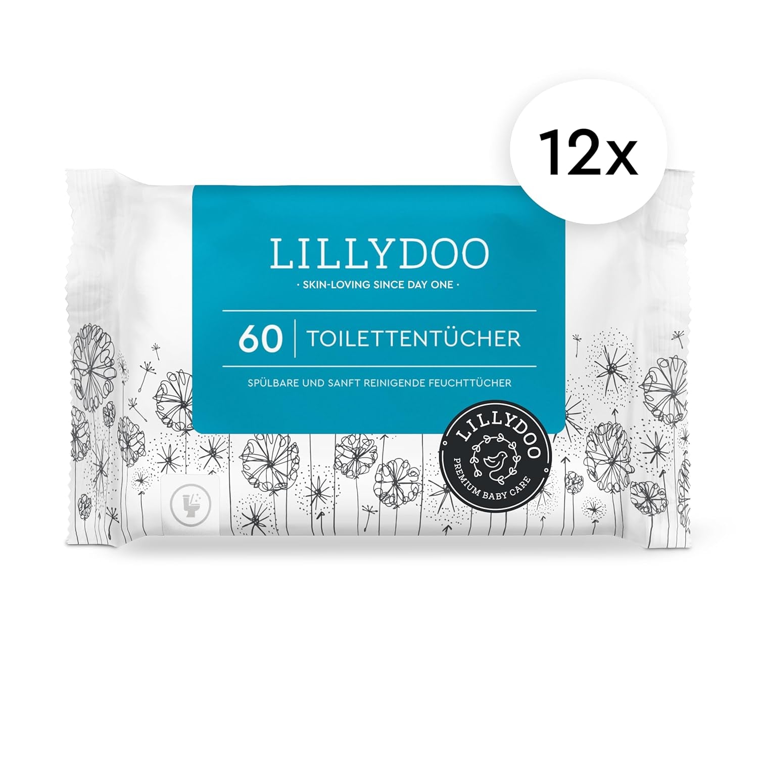 LILLYDOO Lingettes humides pour toilettes 720 pièces (12 x 60) Lingettes jetables 100 % sans plastique, sans parfum
