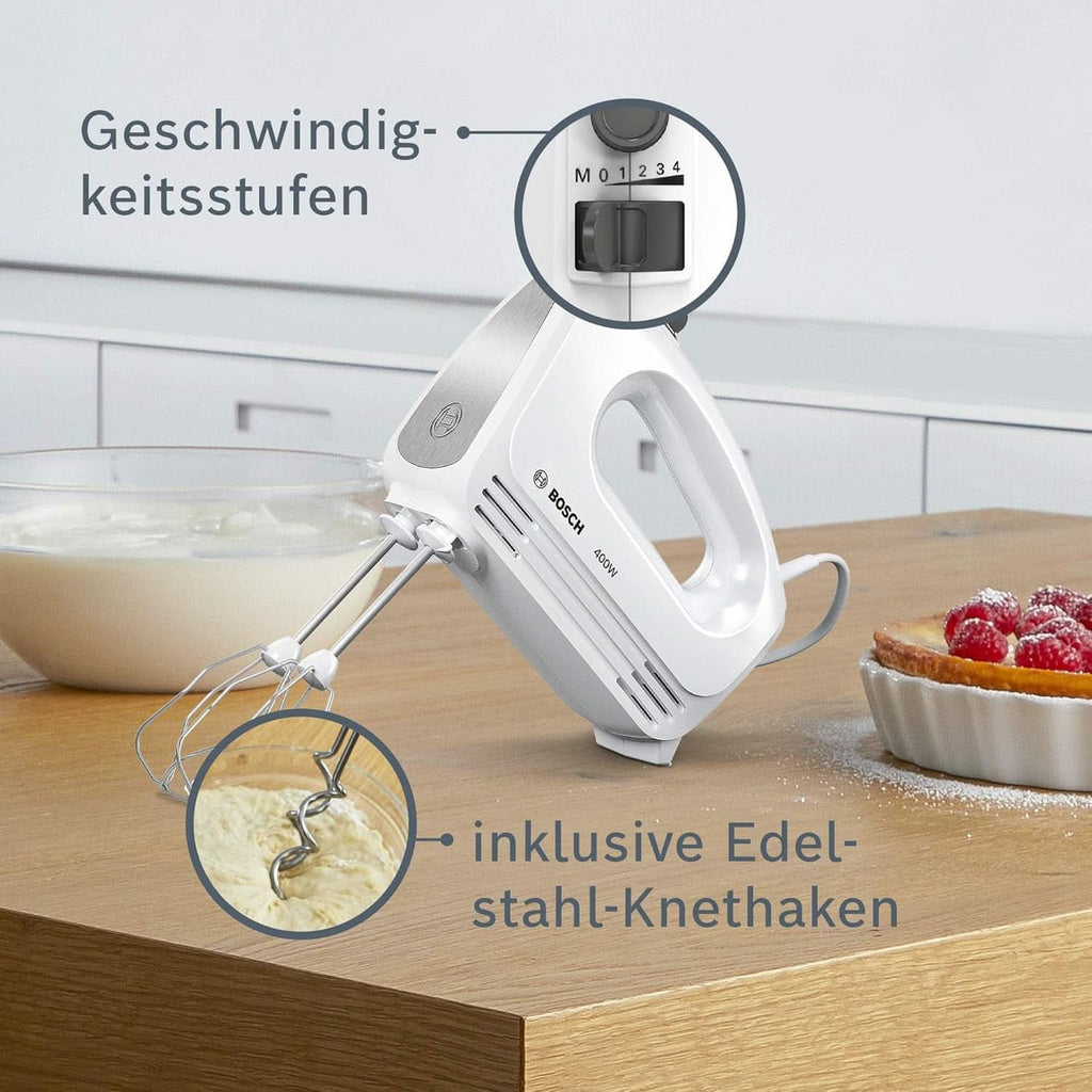 Bosch Hausgeräte Handrührer Clevermixx MFQ24200, 2 Rührbesen, 2 Spülmaschinengeeignet, 4 Stufen, Leicht, Leise, 400 W Weiß/Edelstahl Bucatarie Naty Shop