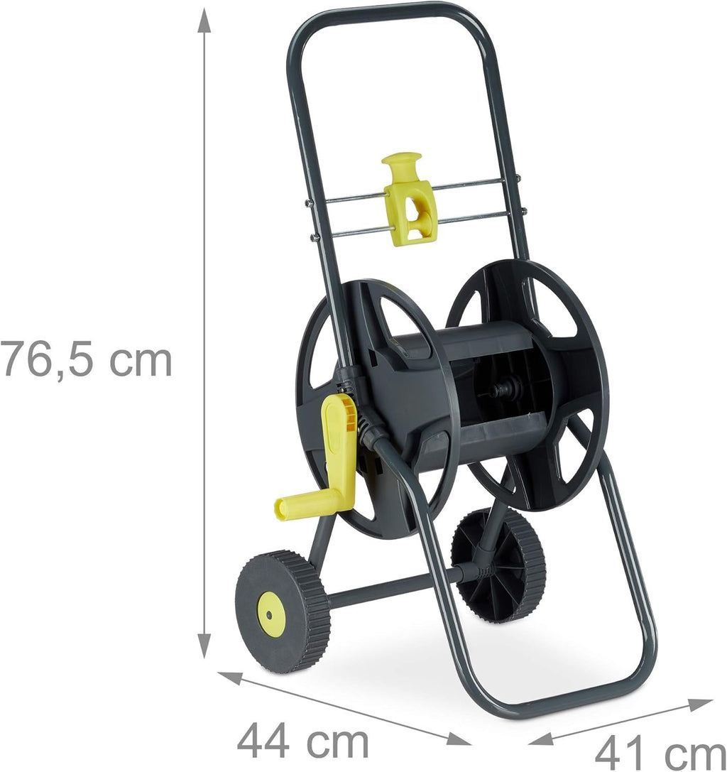 Cărucior furtun Relaxdays 45m, rolă mobilă pentru furtun de grădină și balcon, cu ghidaj pentru furtun, 76,5x44x41 cm, gri-galben