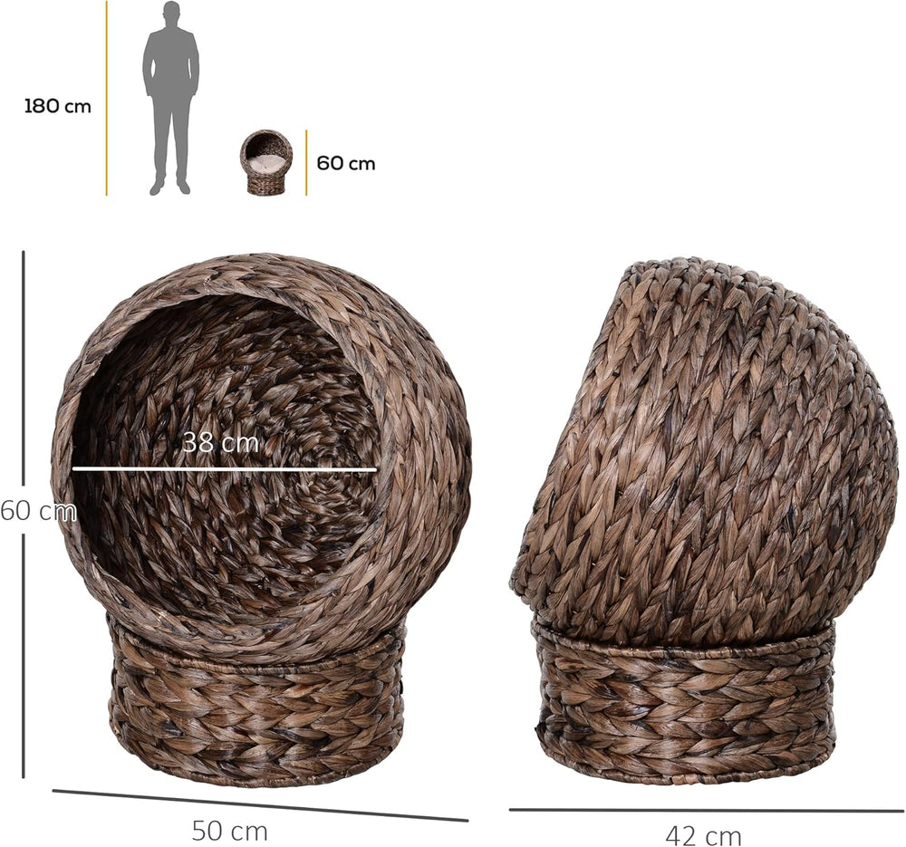 PawHut Rotin Katzenkorb Katzenhöhle Katzenhütte Katzenbett mit Kissen Haustierbett Wasserhyazinthe Kaffee 50 x 42 x 60 cm