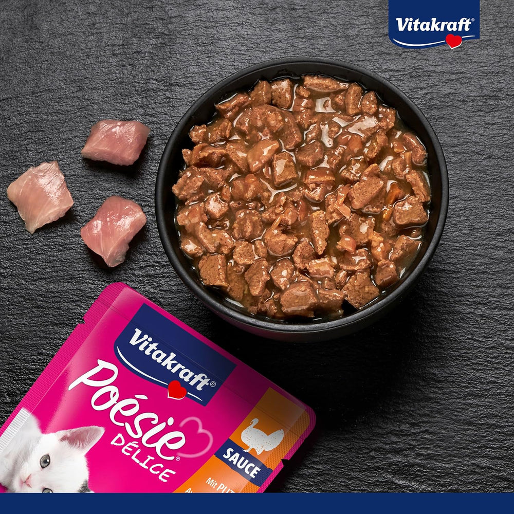 Vitakraft Poésie Délice, Junior, Hrană umedă pentru pisici, Hrană umedă în sos, cu curcan, Pachet multiplu, pentru pisici tinere, Fără zahăr adăugat sau cereale (23 x 85g)