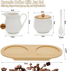 Service à lait et sucre avec couvercle et cuillère, pot à lait en céramique en 5 parties et récipient à sucre avec tablette en bois, récipient à lait et sucre pour cuisine, café, four à micro-ondes et lave-vaisselle (blanc)