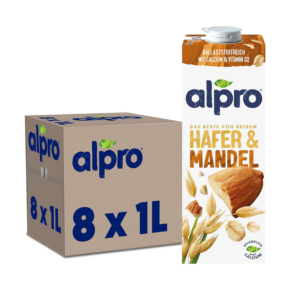 Alpro Haferdrink ohne Zucker – Milchalternative auf Haferbasis – Vegan et sans lactose – Riche en substances de ballast, calcium et vitamines – 8 x 1 L