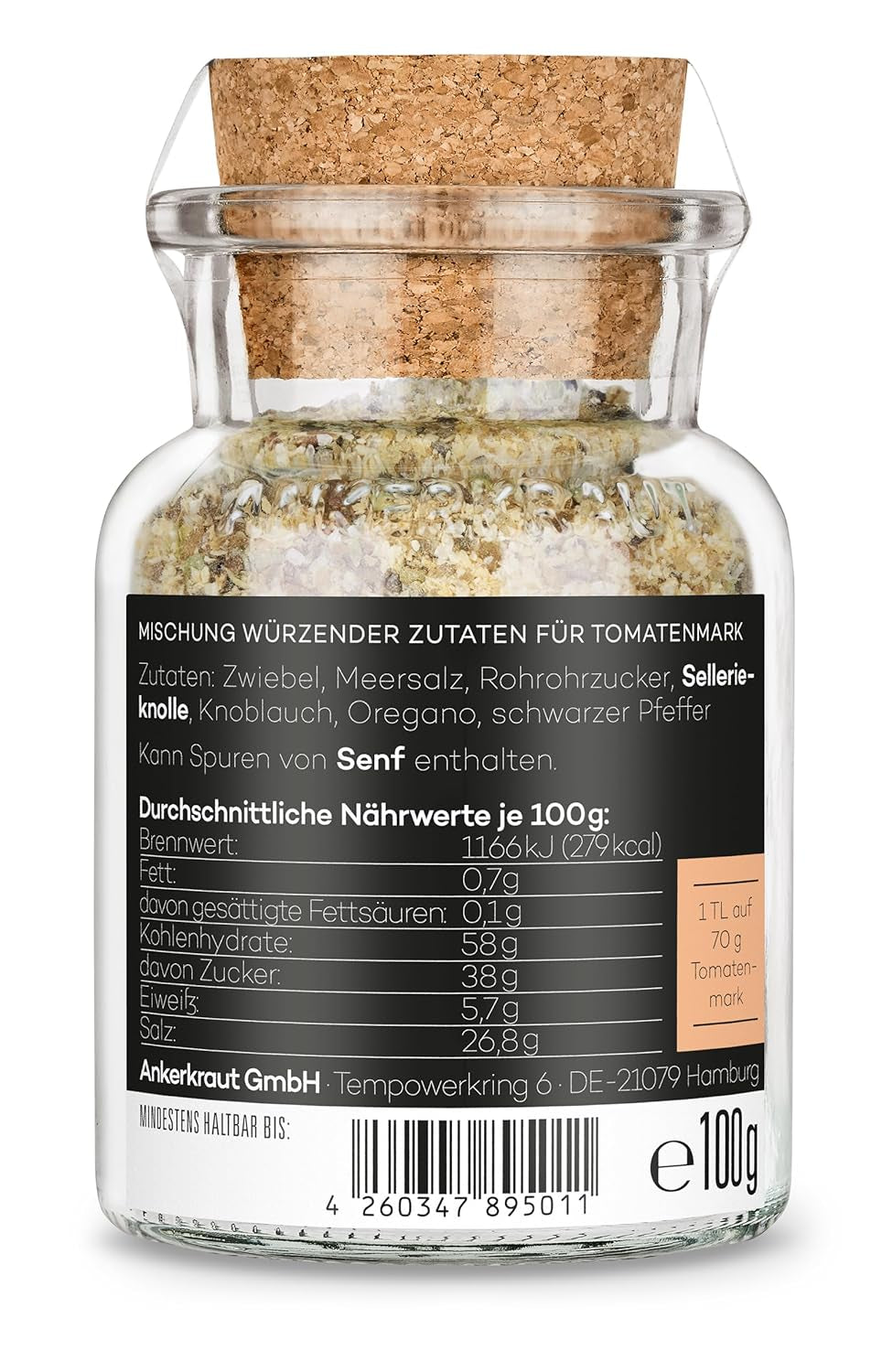 Ankerkraut Tomatensaucen, pour pâtes, spaghetti, tortellini et classiques aus italien, Lecker zu Hause cochen, Mischung würzender Ingredient für Tomatenmark, 100 g dans un verre en liège