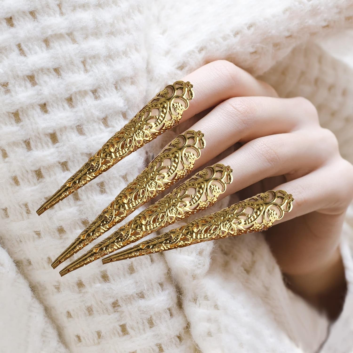 Mwoot 10 pièces Halloween or faux ongles antique faux ongles reine Cosplay Costume doigt ongles pointe anneaux doigt ongles pointe griffe ongles anneaux griffe ongles anneaux pour les femmes