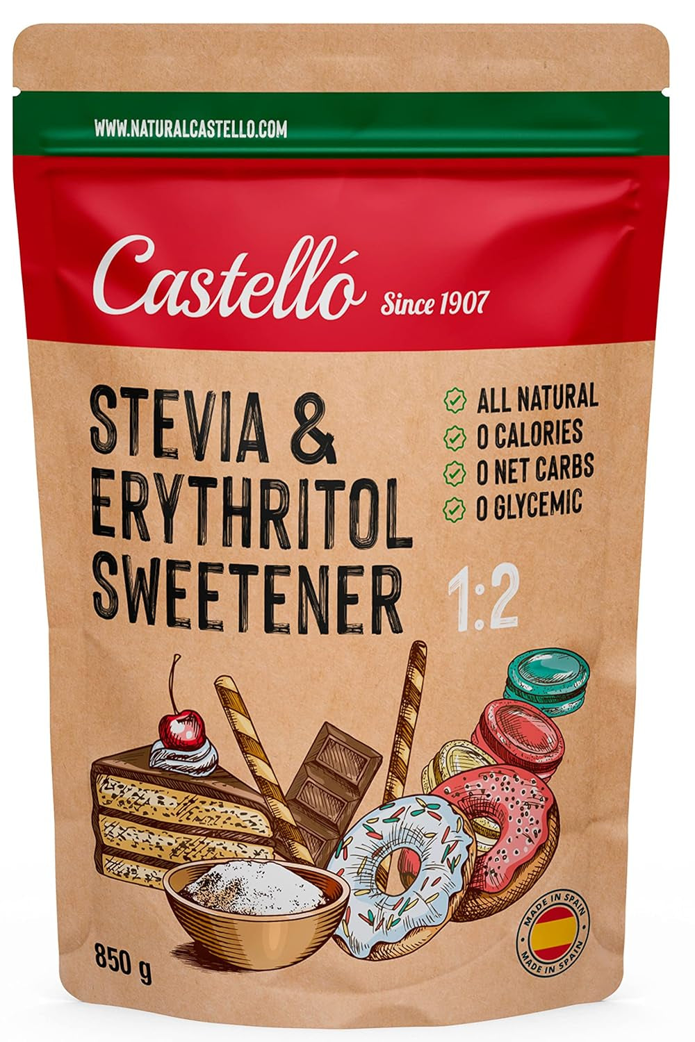 Stevia + Erythritol 1:2 Tissu sucré | 1G = 2G Zucker | 100% Natürlicher Zuckerersatz - 0 Calorien - 0 Glykämischer Index - Keto Und Paleo - 0 Netto-Kohlenhydrate - Kein GVO - Castello depuis 1907 - 850 G Édulcorants Naty Shop Default Title