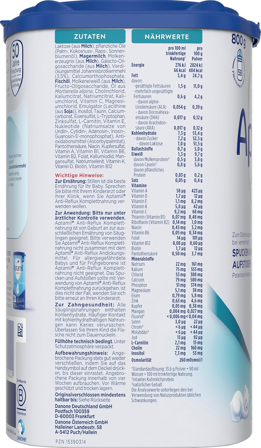 Aptamil Anti-Reflux - Formule Complète Dès la Naissance Gestion Diététique Vomissements & Régurgitations Aliment pour Bébé Lait en Poudre 1 x 800 g