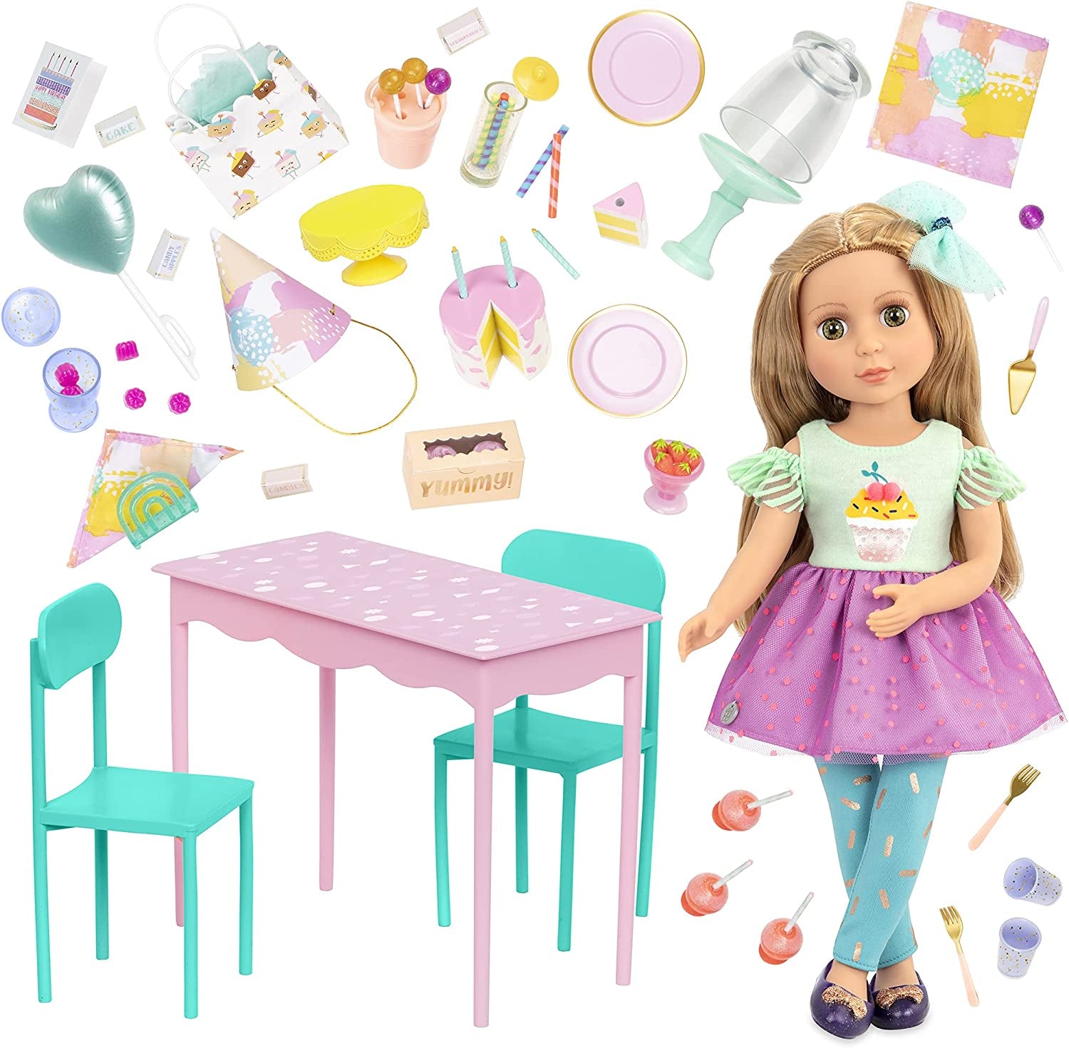 Glitter Girls - GG Surprise Birthday Party Set & Sashka - Bewegliche 36cm Puppe Sashka - Überraschungs-Geburtstagsparty-Set - Tisch & Stühle Möbel - 3 ans +