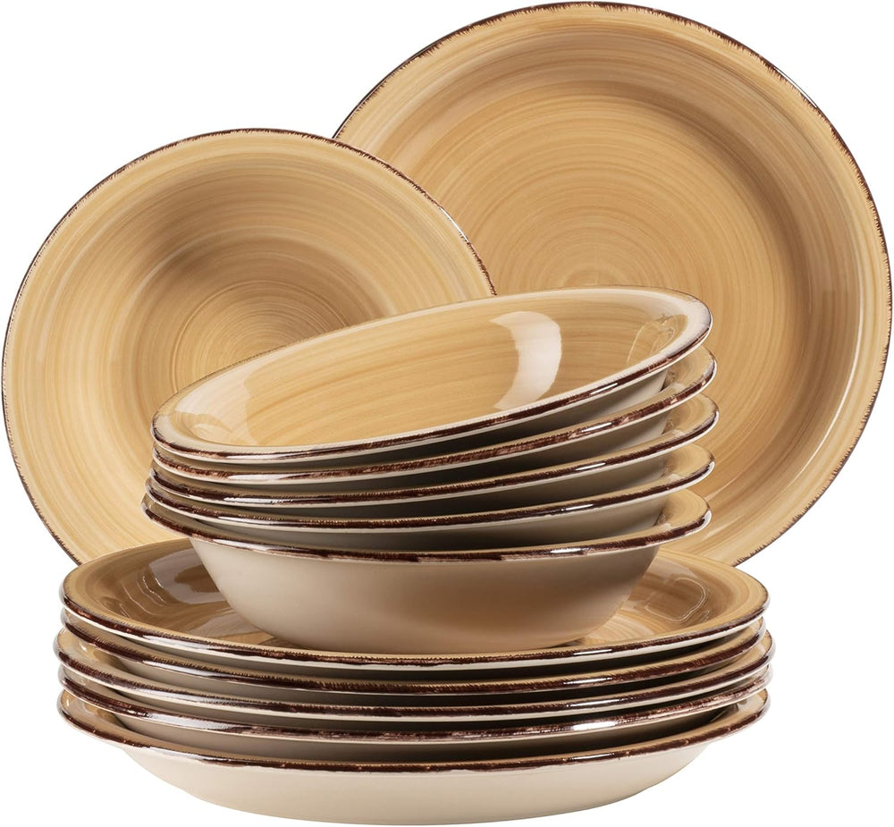 MÄSER Service de table pour 6 personnes, look vintage moderne, service de table 12 pièces, peint à la main, vert, carrelage, vert olive (Bel Tempo II)