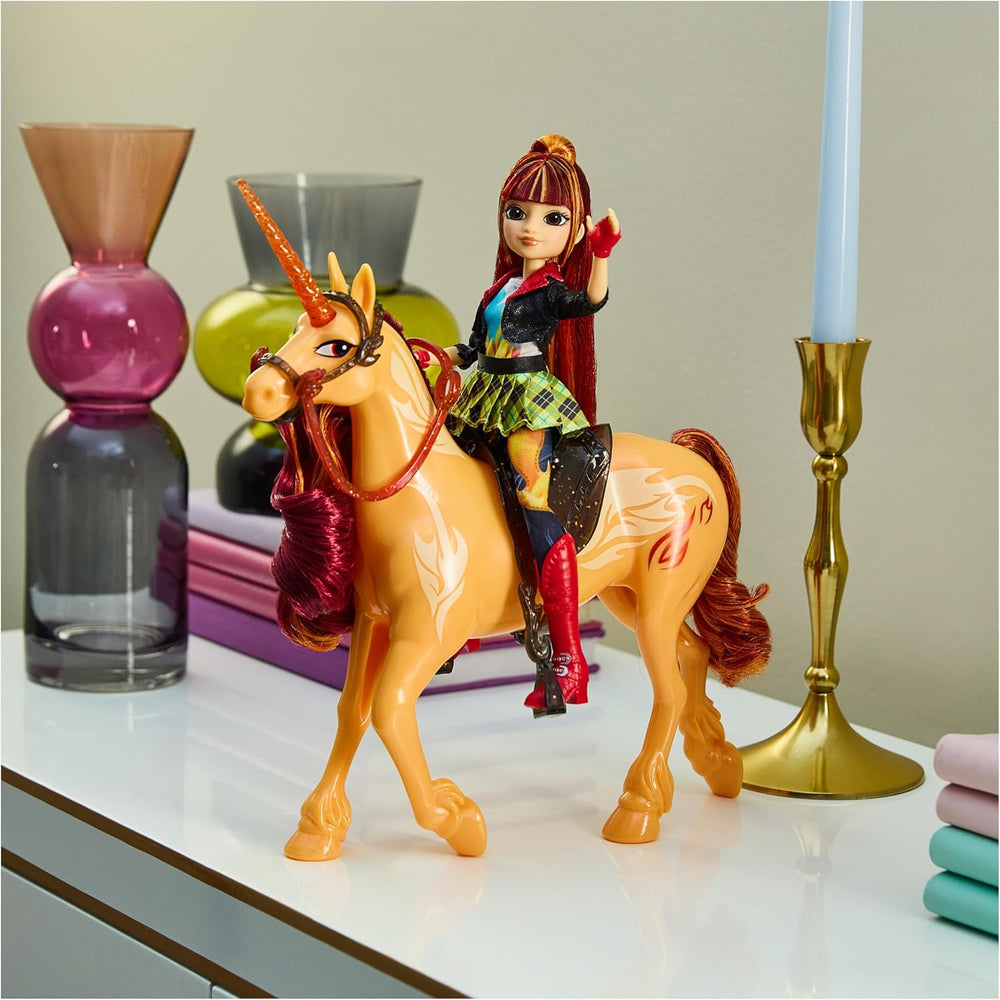 Unicorn Academy Cinder la Licorne - Licorne Valentina originale de 28 cm de haut de la série Netflix, avec une vraie crinière et une vraie queue, une bride, une selle et une brosse amovibles, pour les enfants à partir de 4 ans