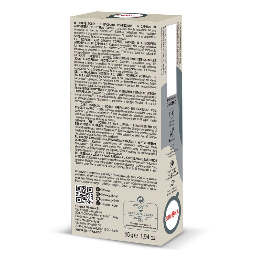 Gimoka Kaffeekapseln Espresso Deciso, Intensität 13/13-100 Kapsel - Compatible avec Nespresso* Haushalts-Espressomaschinen - 100 Stück (10 x 10 Getränke) - Hergestellt en Italien