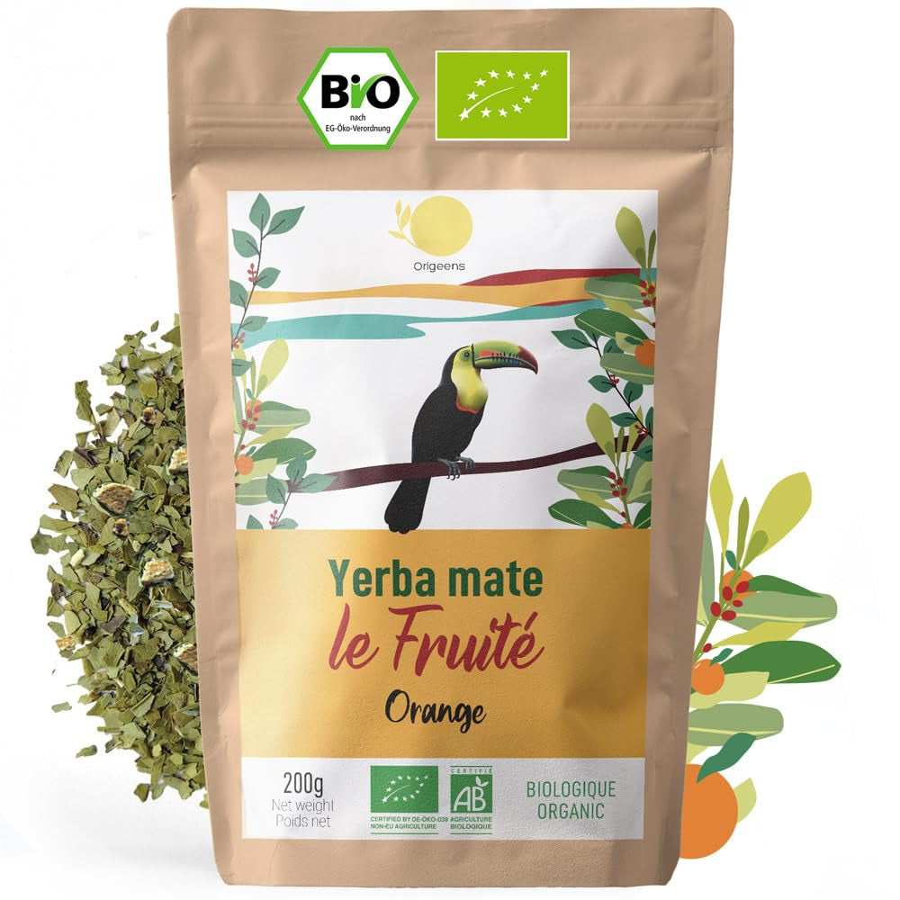 ORIGEENS BIO YERBA MATE cu portocale 200 G - Ceaiul fructat I Ceai organic Yerba Mate neprăjit, fără tulpini și praf I Băutură energizantă și detoxifiantă