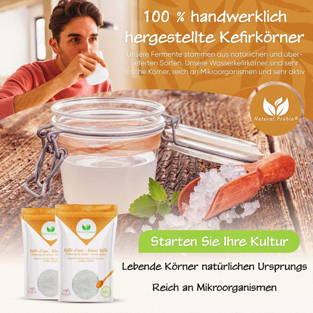 Natural Probio® Wasserkefir, Kefirpilz, Japankristalle, Kefirknollen, Starter Set + Anleitung, Rezept, Tipps, E-Book & Rezeptbibliothek + Kundenservice auf Lebenszeit (10g déshydraté/60g réhydraté)