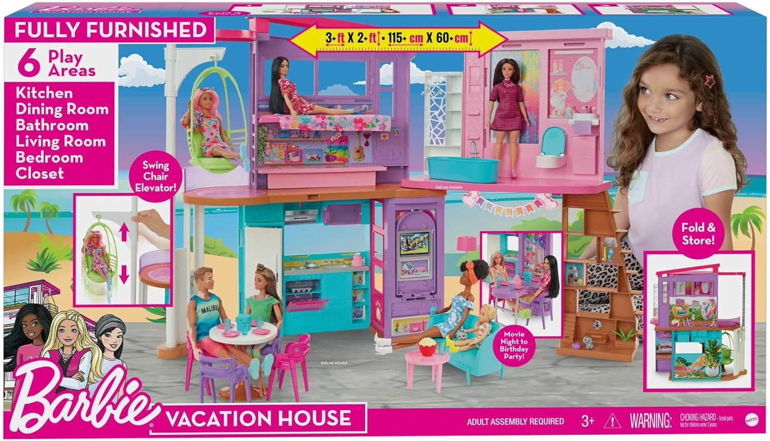 Maison de vacances Barbie (116 x 77,9 cm), maisonnette 6 places, entièrement meublée avec accessoires, meubles et ascenseur, pliable et rangement, poupée, cadeau pour enfants à partir de 3 ans, HCD50