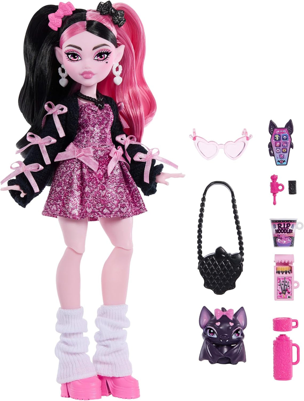 Poupée Monster High Draculaura en robe rose avec nœuds et cardigan noir avec chauve-souris Count Fabulous et 7 accessoires dont Ramen, rouge à lèvres et sac, JHK29