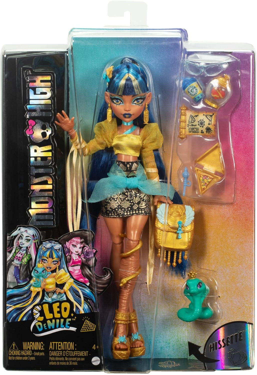 Poupée Monster High Cleo De Nile en chemisier doré et jupe superposée, comprend un animal de compagnie Cobra Hissette et des accessoires tels qu'un sac à dos, une collation et un rouleau de papier, HXH74 Naty Shop Dolls