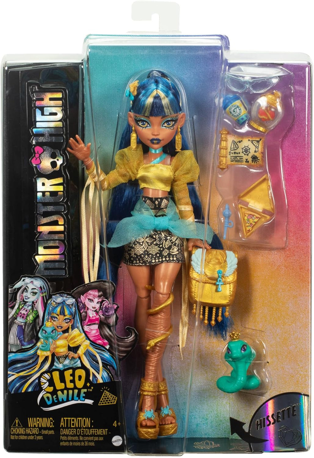 Poupée Monster High Cleo De Nile vêtue d'un chemisier doré et d'une jupe superposée, comprend le cobra Hissette et des accessoires tels qu'un cartable, une collation et un rouleau de papier toilette, HXH74