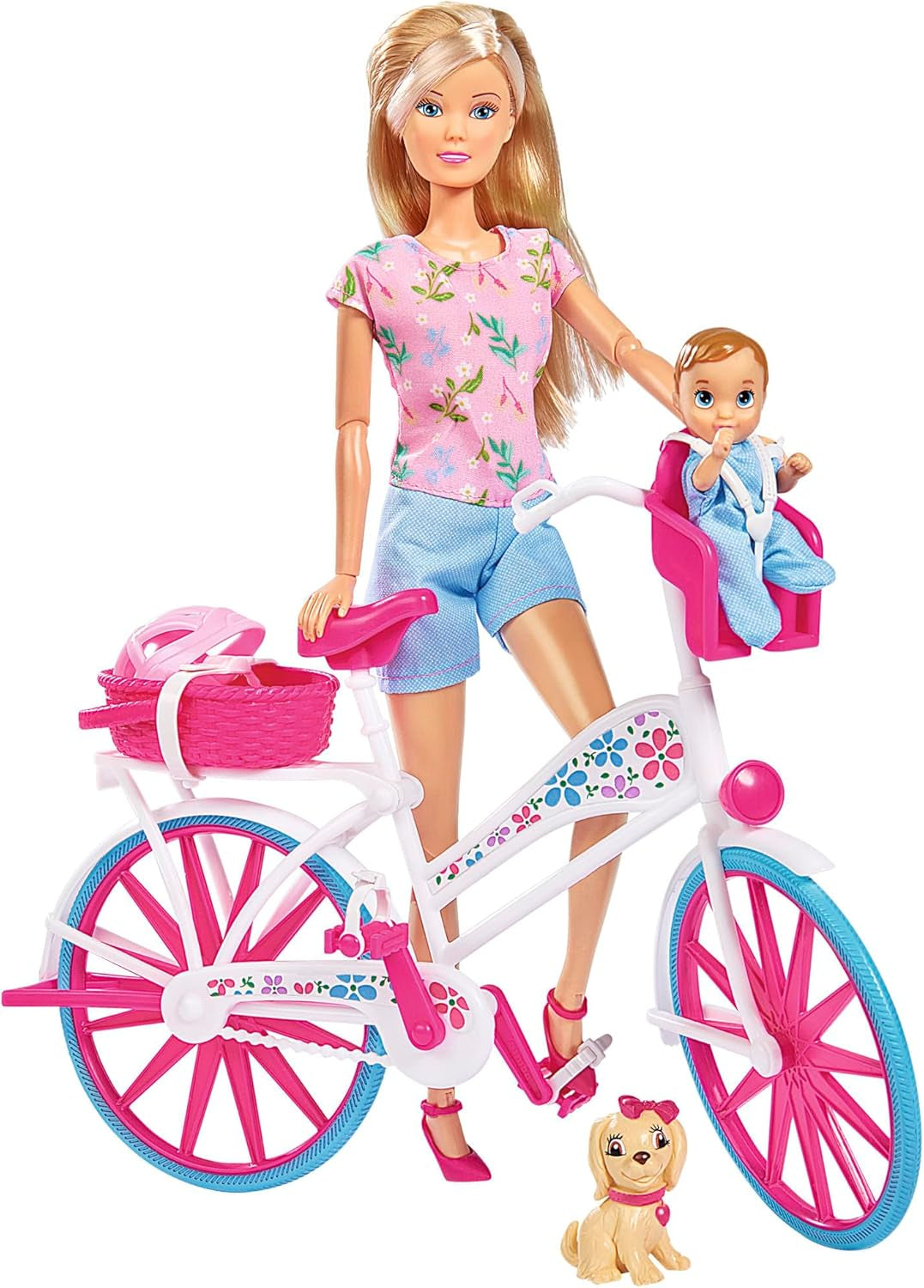 Simba 105739050 - Steffi Love Bike Tour, Steffi et Evi dans leur château à trois étages avec balançoire, meubles et nombreux accessoires, 40 pièces, 102x90x38cm, pour enfants à partir de 3 ans