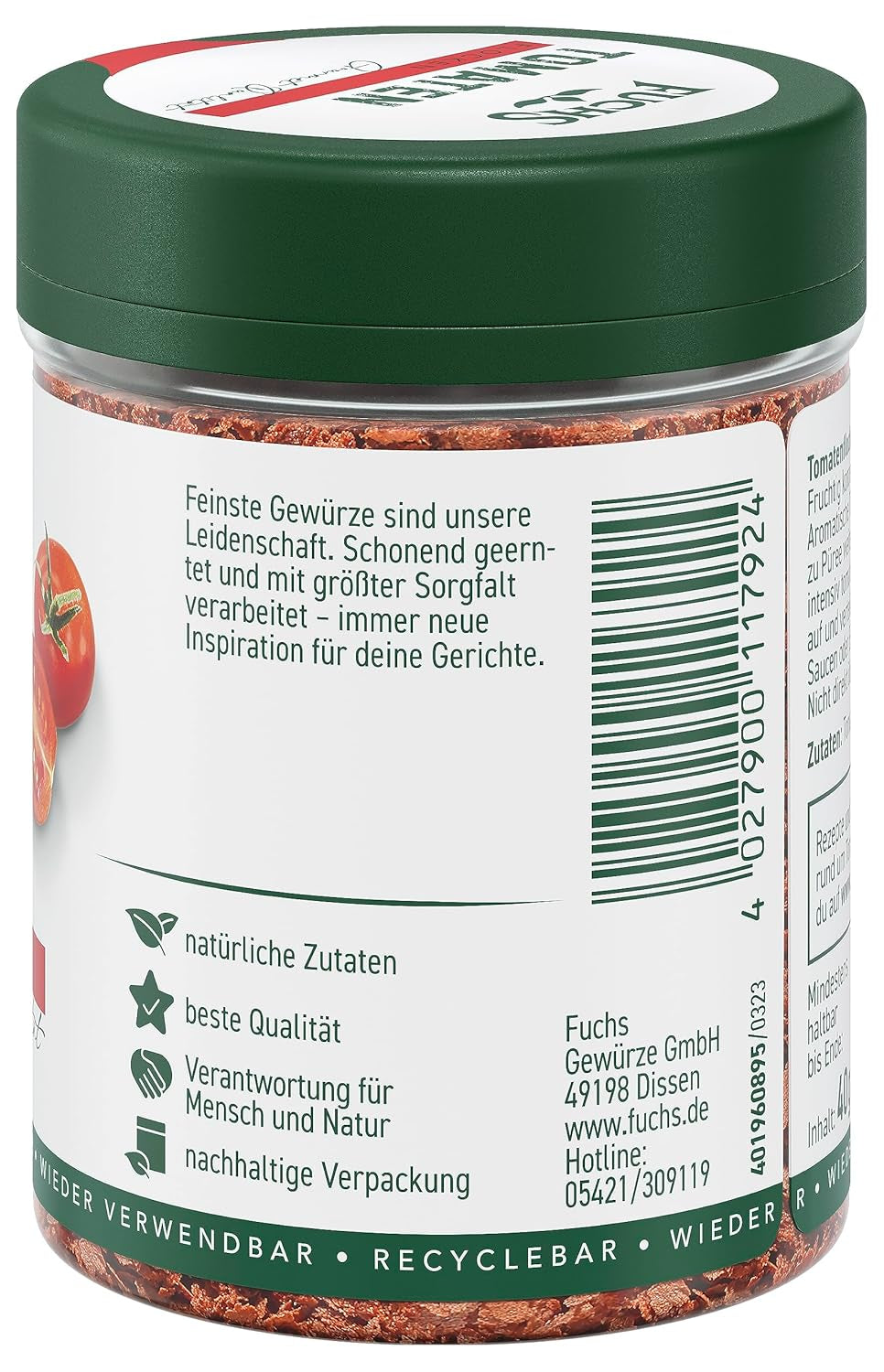 Fuchs Gewürze - Tomaten Flocken - Gewürz für Ofenfeta ou tomatigen Geschmack in Saucen - Ingrédients naturels - 40 g en dose variable, recyclable