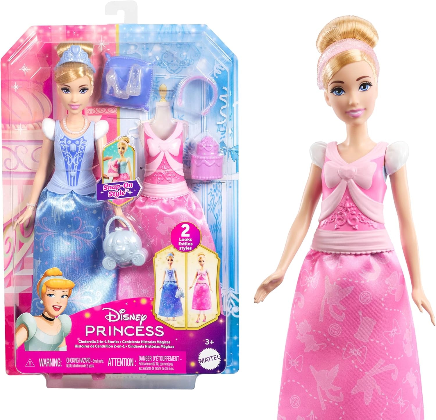 Poupée mannequin Mattel Disney Princess Toys Cendrillon avec 2 tenues, 9 accessoires, 2 hauts avec clips et 2 jupes. Histoires 2 en 1 inspirées du film Disney, JCR95