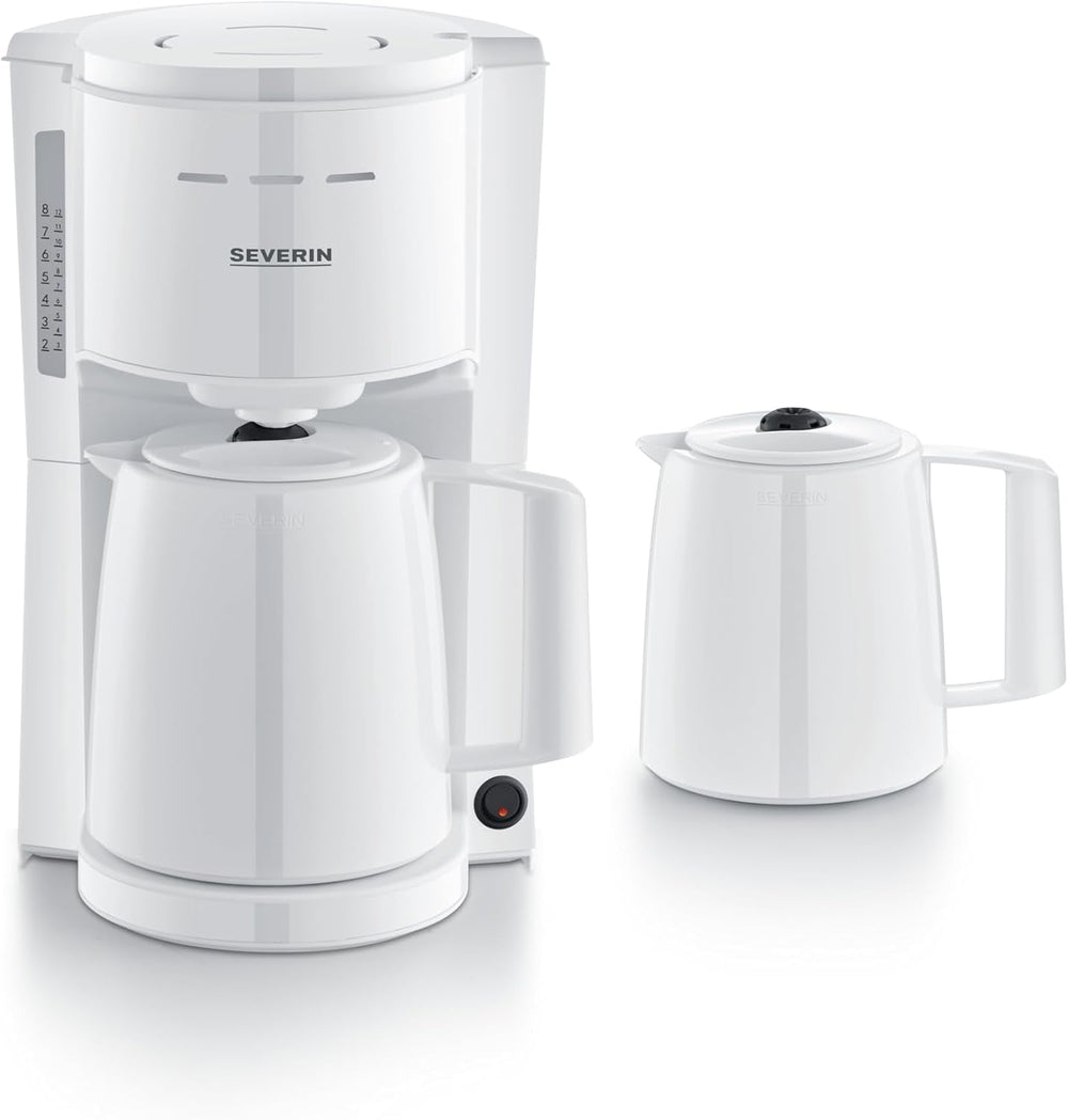 Machine à expresso Severin avec filtre et 2 carafes thermiques, machine à expresso avec couvercle, versement sans goutte, maintien longue température, arrêt automatique, 1000 W, env. 1 litre, blanc, KA 9309
