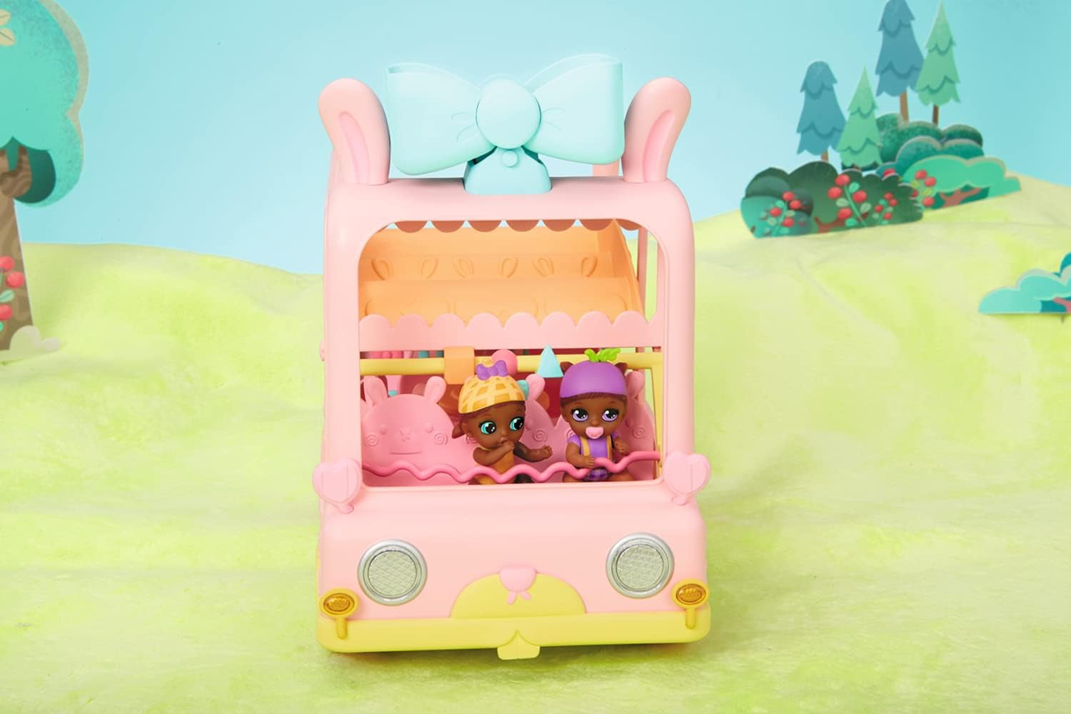 BABY born 904763 Baby Surprise Bus - mini bus jouet pour poupée rose avec 2 poupées exclusives, poussette triple, balançoire, carrousel, toboggan et balançoire triple.