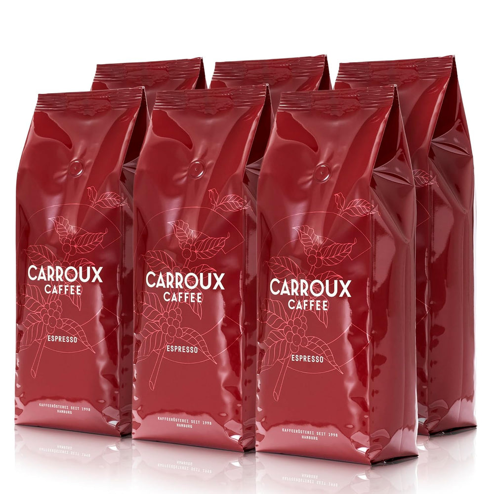 CARROUX Espresso, Bohnen ganze (6x 500 g). Pour Siebträger u. Machines à café automatiques. Frisch geröstete Kaffeebohnen der Privat-Rösterei à Hambourg