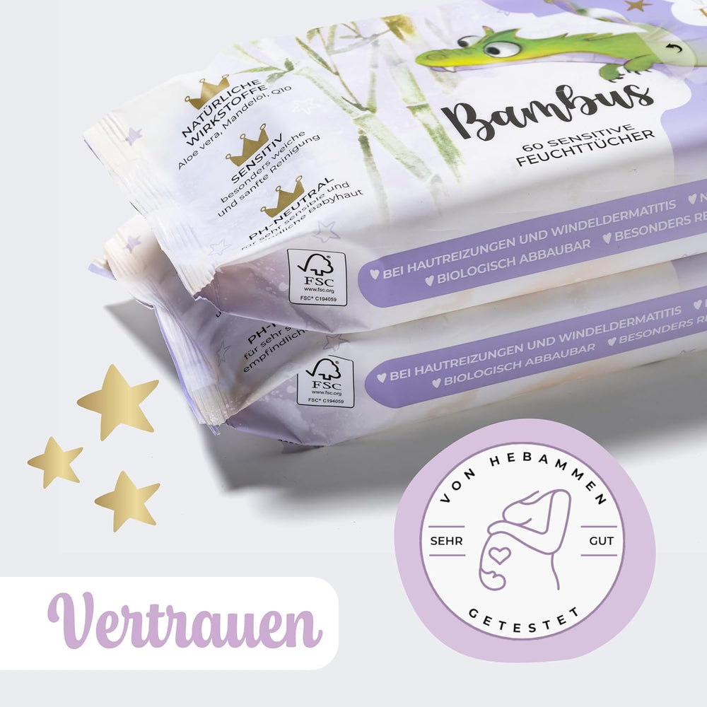 Lingettes humides Millis Bamboo Baby Sensitive pour peau délicate de bébé - 5 x 60 pièces - Nettoyage naturel, doux et durable - Lingettes bébé biodégradables, sans plastique et sans alcool