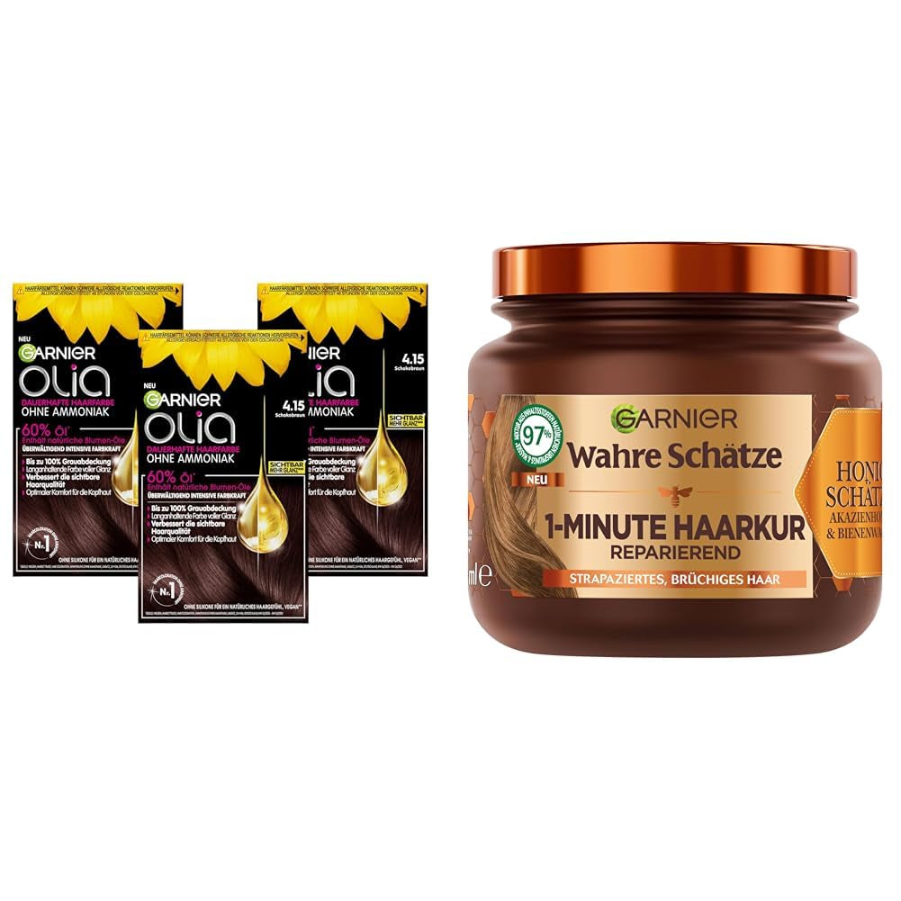 Garnier Olia Hair Colour 6.0 Light Brown + True Treasures Repair Treatment (340ml) pentru păr deteriorat - colorare fără amoniac, uleiuri naturale, acoperire păr gri, miere și ceară de albine, mai puțină rupere a părului Vopsea pentru par Naty Shop Culoarea părului 3X + tratament reparator
