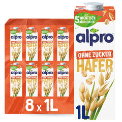 Alpro Haferdrink ohne Zucker – Milchalternative auf Haferbasis – Vegan et sans lactose – Riche en substances de ballast, calcium et vitamines – 8 x 1 L