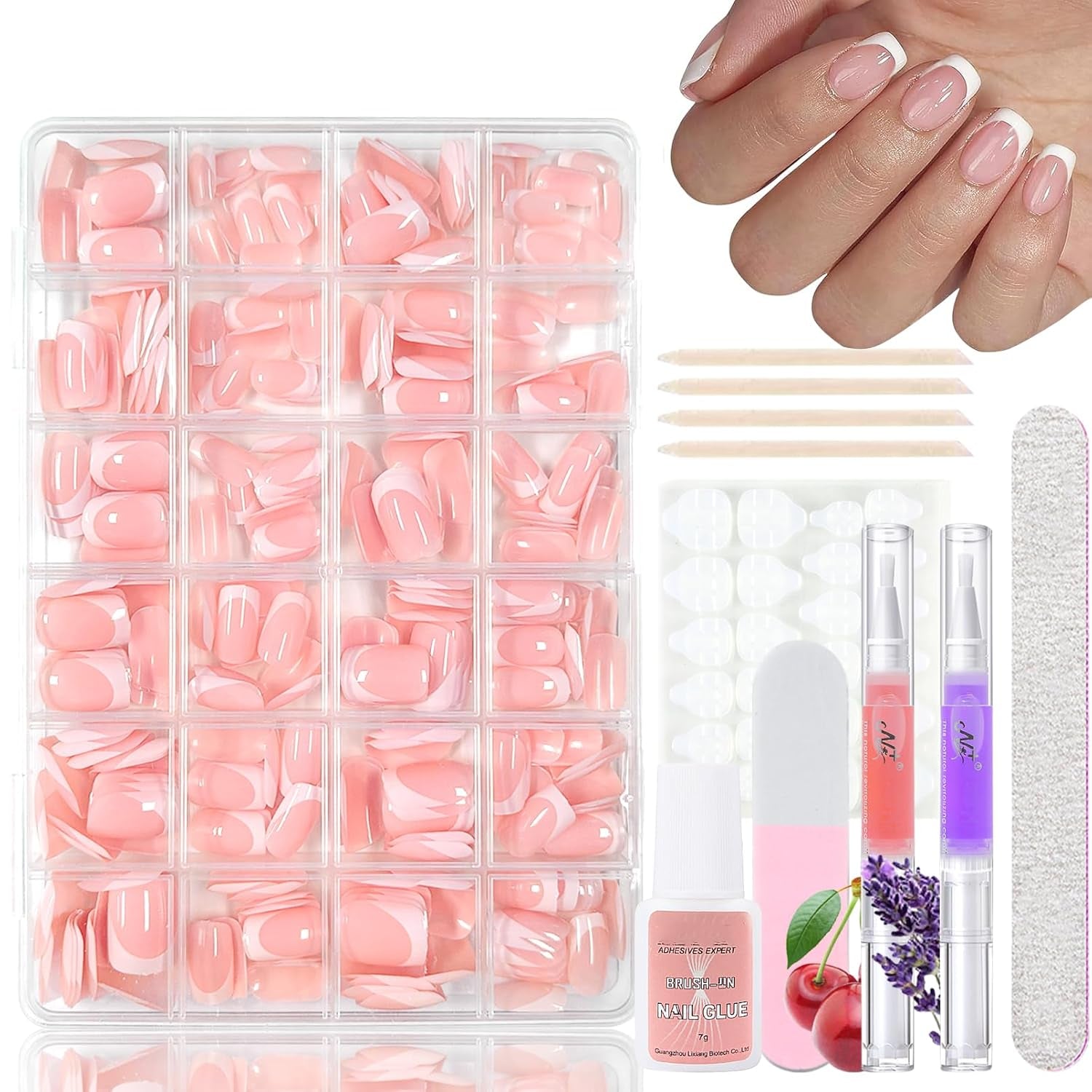 Ensemble de faux ongles ballerine dégradé 360 pièces, ongles artificiels à coller dégradé blanc rose avec 2 stylos à huile pour ongles, faux ongles moyens ombrés pour femmes à faire soi-même