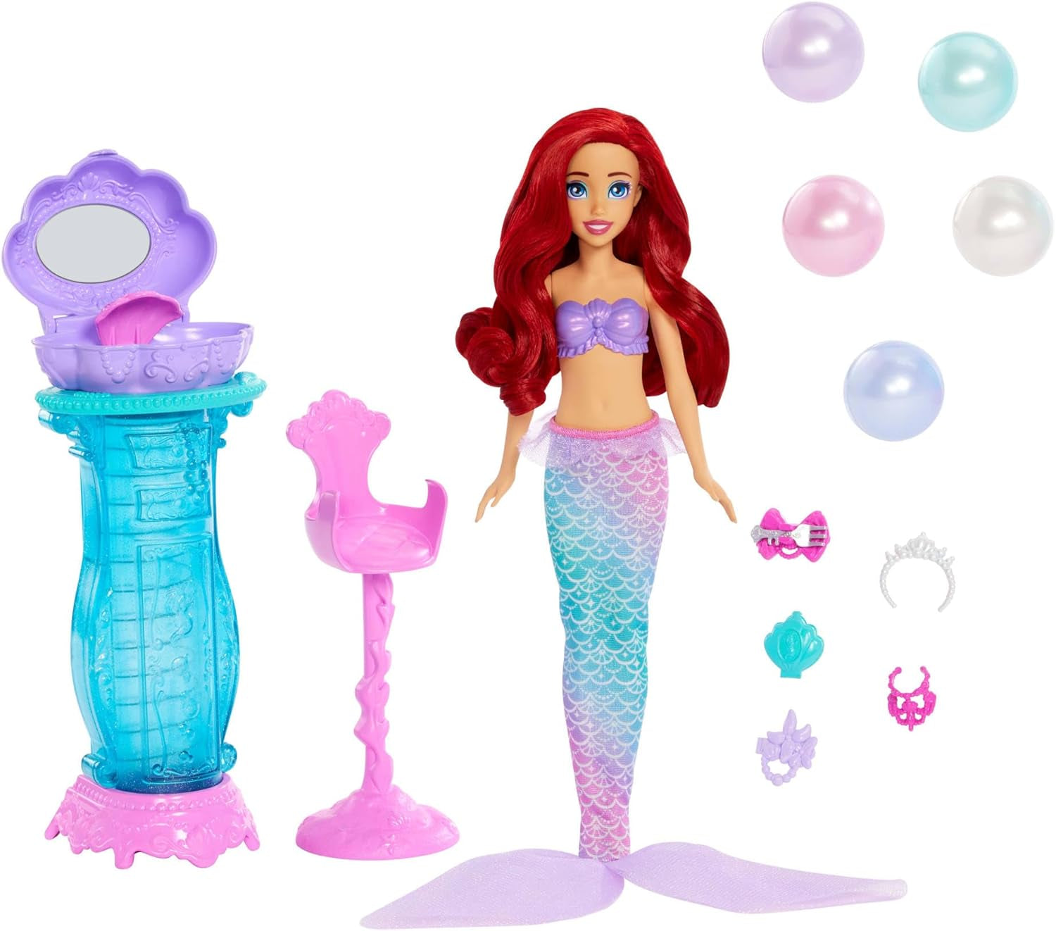 Mattel Disney Princess Toys, poupée mannequin Arielle sirène avec queue amovible, table de maquillage avec 5 surprises pop-up répétables et 5 accessoires, JBF86 Naty Shop Dolls