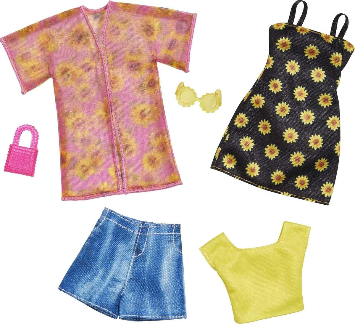 Barbie Fashions 2er-Pack, 2 Outfits & 2 Accessoires: Hemd, Shorts & Kimono, ärmelloses Sonnenblumenkleid, Geldbörse & Sonnenbrille, Kinder ab 3 Jahren