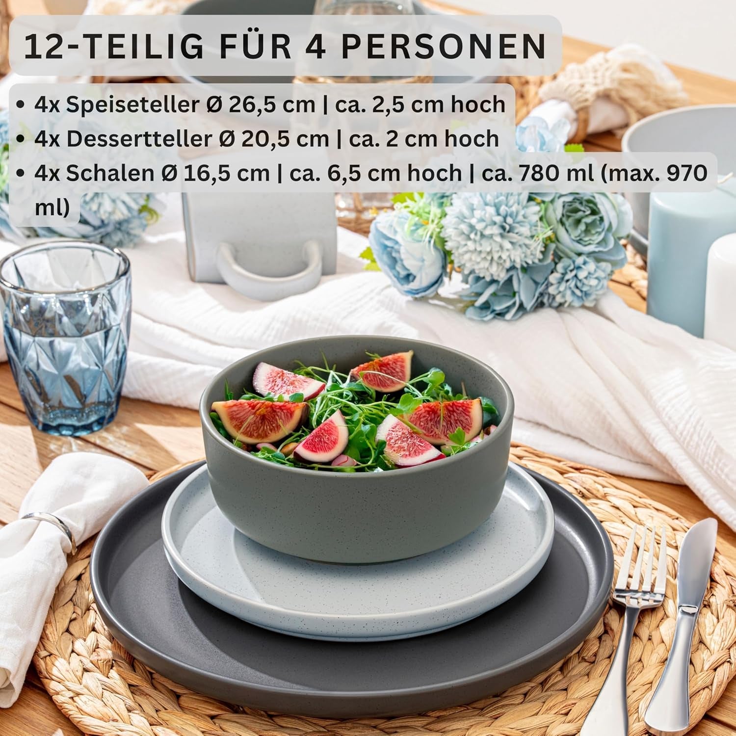 SÄNGER Leeds | Service de table en grès 12 pièces, service d'assiettes pour 4 personnes (4 assiettes plates, 4 assiettes à dessert, 4 bols), vaisselle colorée résistante aux rayures | LA COLLECTION VALEUR